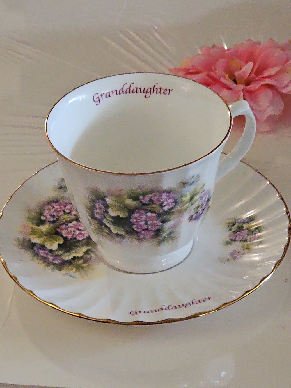 Granddaughter Floral Bone China Teacup & Saucer - White with Pink Flowers